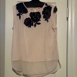 Rebecca Taylor Blush Silk Blouse w/ Black Floral Lace inserts.